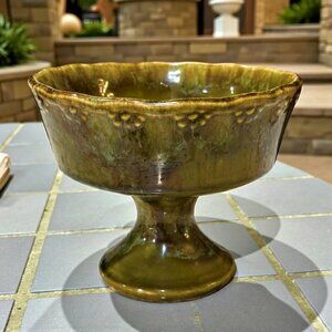 California Pottery Olive Green Pedestal Planter Footed Bowl MCM USA 7 x 5.5 Inch